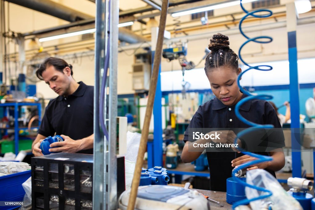 Factory employees working on assembly line Factory employees working on assembly line. Male and female workers working on production line. Production Line Stock Photo