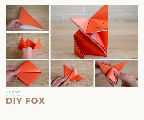 Step-by-step photo guide on how to make fox using origami technique. DIY concept A step-by-step photo guide on how to make a fox using the origami technique. DIY concept. Children's creativity. fox photos stock pictures, royalty-free photos & images