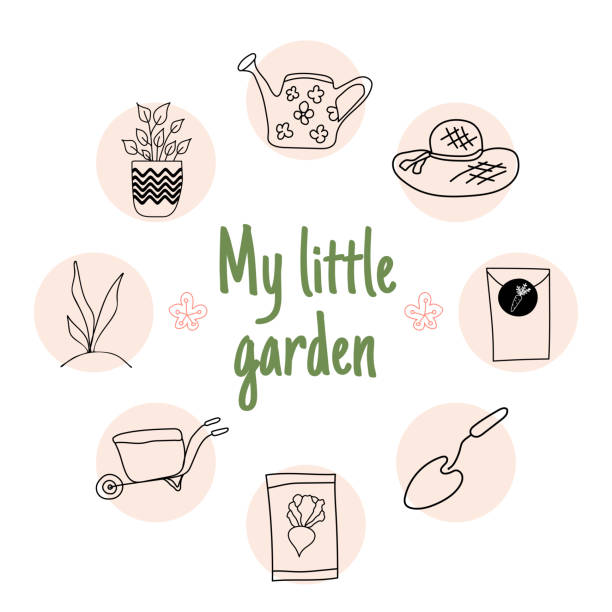 引用と手描きの庭の要素のセット:私の小さな庭。- ベクトル - trowel vegetable garden gardening seed点のイラスト素材／クリップアート素材／マンガ素材／アイコン素材