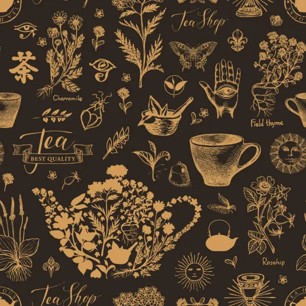 Vector illustration of vector hand-drawn seamless pattern on a tea theme