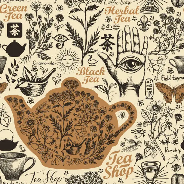 Vector illustration of hand-drawn seamless pattern on the theme of tea