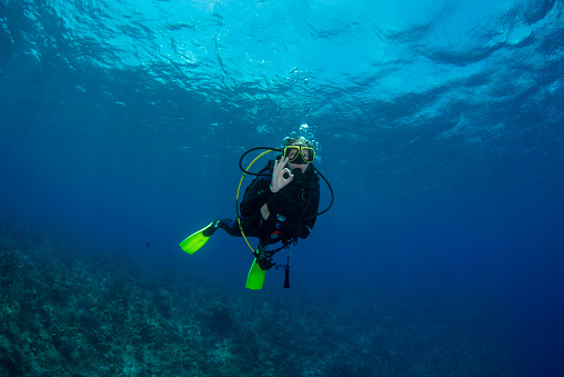 View of a female diver and the okay underwater sign