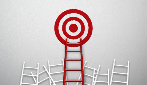istock Stand out from the crowd and think different creative idea concepts. Longest red colour ladder growing up growth to aiming high to goal target 1219930714