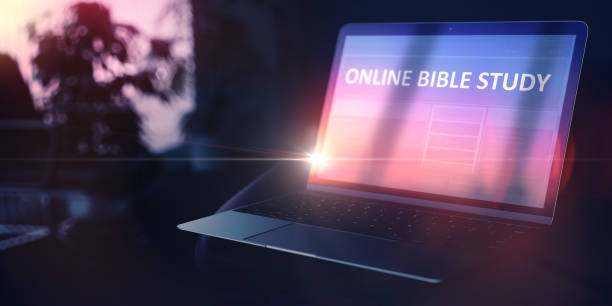 Personal Growth Concept. Online Bible Study on Laptop. 3D. stock photo