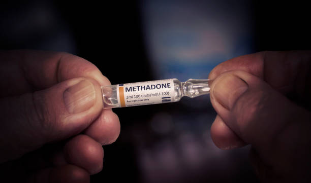 KYIV, UKRAINE-DECEMBER, 2019: Injection of Methadone Medical Glass Ampoule. stock photo