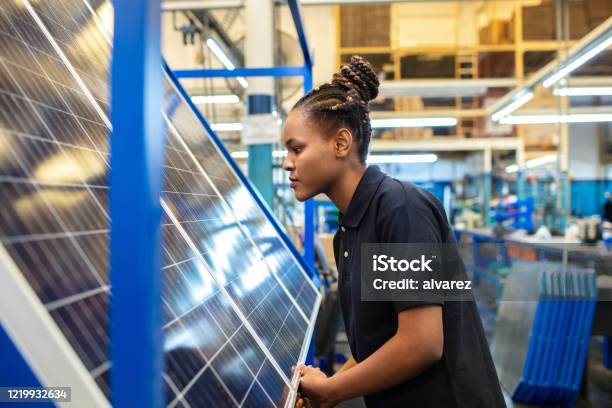 Quality Engineer Examining Solar Panels In Factory Stock Photo - Download Image Now - Solar Panel, Manufacturing, Engineer