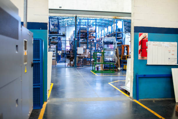 Inside shot of a manufacturing plant. Warehouse of a solar panel manufacturing plant.