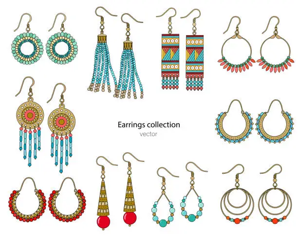 Vector illustration of Collection of handmade earrings in ethnic style.