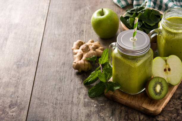 istock Healthy green smoothie in jar 1219936284