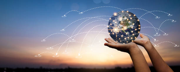 istock global social network and connection internet on abstract data worldwide cyberspace concept, close up hand holding wireless networking earth connect with people by 5G technology line online on sunset 1219936606