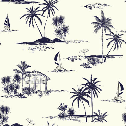 Trendy hand drawn island vector seamless pattern vintage mood wih sea,sun ,palm trees, sailboat ,sky The Summer mood illustration.Design for fashion,fabric,wallpaper and all prints on cream background.