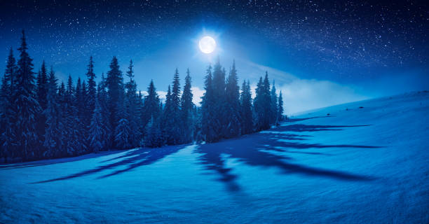 istock Fairy winter night in a mountain valley with full moon in a starry sky 1219937093
