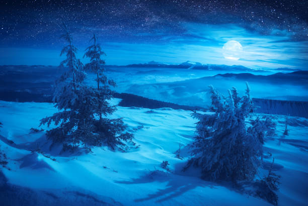 istock Carpathian mountain valley in a light of rising moon 1219937201