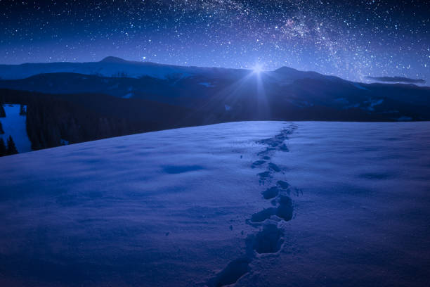 istock Beautiful winter night in a carpathian mountain valley 1219938422