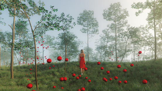 Fantasy forest with woman and flying spheres. This is entirely 3D generated image.
