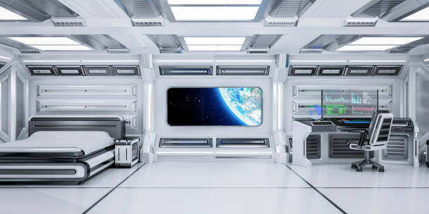 istock Futuristic Science Fiction Bedroom Interior with Planet Earth View in Space Station, 3D Rendering 1219940226