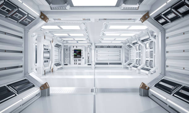 Futuristic Architecture Sci-Fi Hallway and Corridor Interior, 3D Rendering stock photo