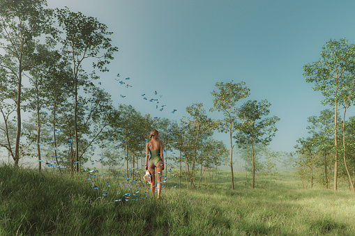 Fantasy forest with woman walking between butterflies. This is entirely 3D generated image.