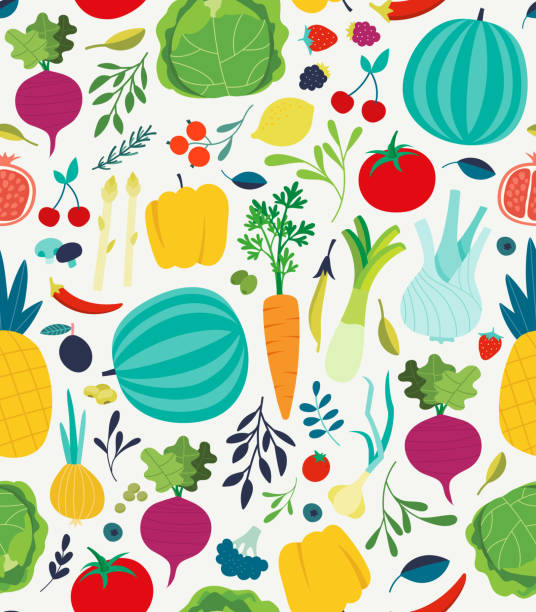 ilustrações de stock, clip art, desenhos animados e ícones de vegetables seamless pattern. vegan healthy meal organic food delicious fresh vegetable abstract vector texture - carrot seamless food vegetable