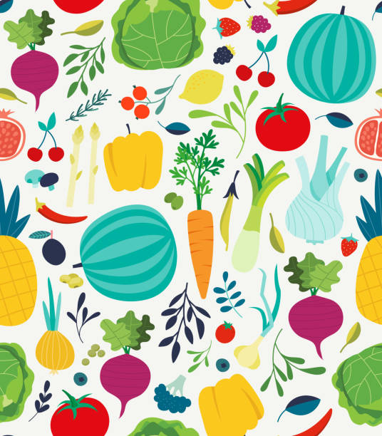 Vegetables seamless pattern. Vegan healthy meal organic food delicious fresh vegetable abstract vector texture Vegetables seamless pattern. Vegan healthy meal organic food delicious fresh vegetable abstract vector texture cooking patterns stock illustrations