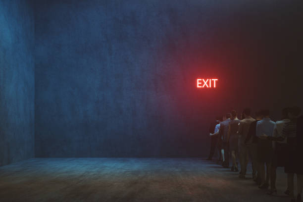 Tired people waiting in front of Exit sign Tired people waiting in front of Exit sign. This is entirely 3D generated image. exit sign stock pictures, royalty-free photos & images