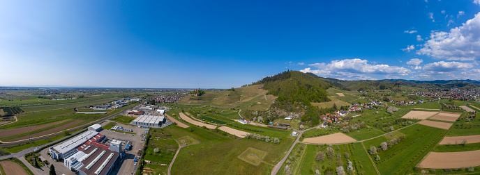 Ortenberg, Germany - 11. April 2020: Drone aerial view, landscape panorama at Ortenberg in the Black Forest. In the background is the Ortenberg castle
