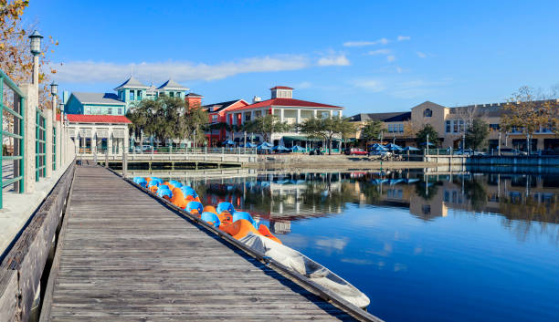 istock Downtown Shopping District under a clear blue sky with reflections on the Lake at its Lakefront Park in Celebration, Florida 1219942693