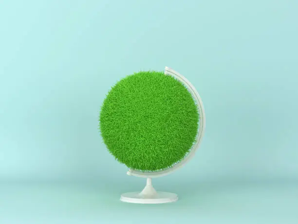 Grassy globus on light blue background. Minimal scene. 3d illustration