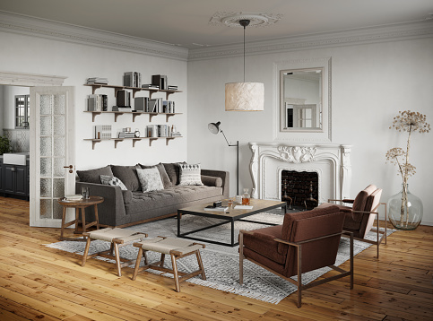 Representación 3D de una sala de estar de estilo tradicional photo