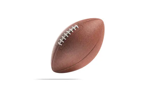 Blank brown american football ball mock up, no gravity, 3d rendering. Empty leather usa fotball for national team competition mockup, isolated. Clear oval with lace for champion games mokcup template.