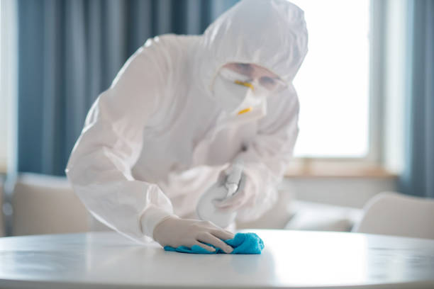 istock Woman in white workwear and protective gloves looking involved while disinfecting the table surface 1219945277