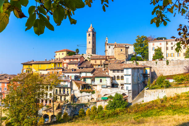 View of Monforte d'Alba village, in autumn season, Piedmont region, Italy stock photo