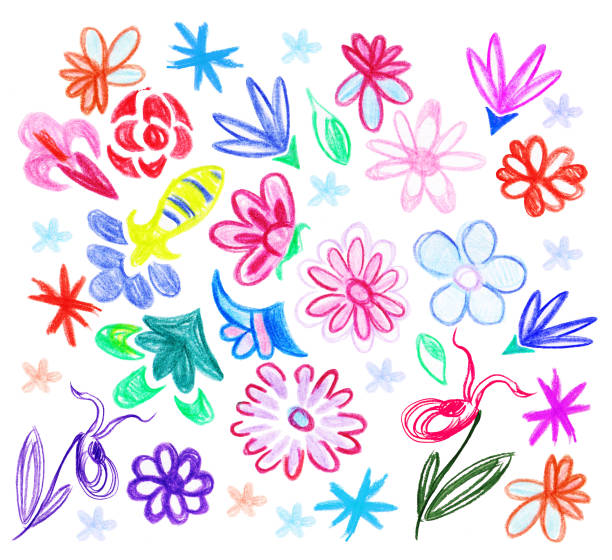istock Raster cet multicolored floral pattern, kids doodle style, pencil drawing, blue-red flowers on a white background. Colour pencils 1219948850