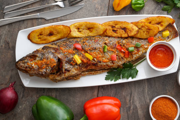 prato de comida nacional africano. nigeriano carne grelhada e prato de frango. - cooked pepper salmon food - fotografias e filmes do acervo