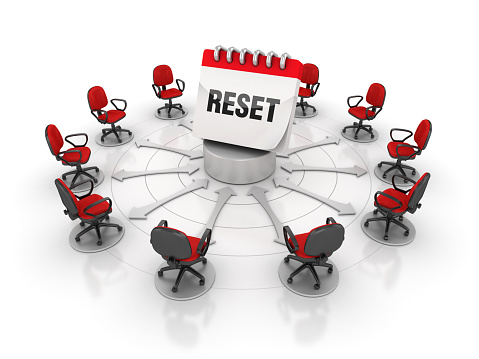 Chairs Teamwork with RESET Calendar - White Background - 3D Rendering