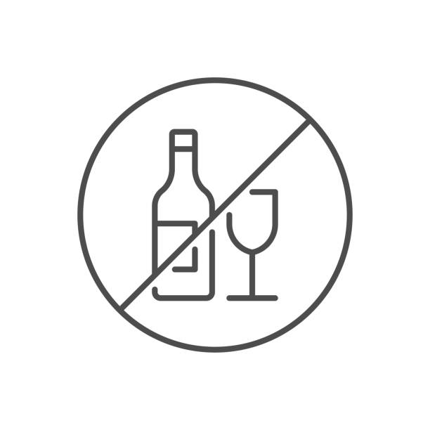 No alcohol sign related vector thin line icon No alcohol sign related vector thin line icon. Bottle of wine and a glass in prohibitory sign. Isolated on white background. Editable stroke. Vector illustration. alcoholism stock illustrations