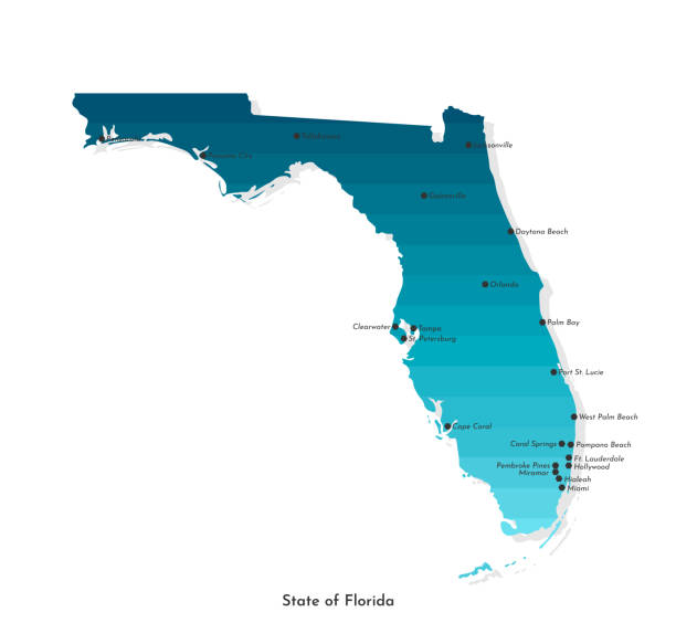 Vector isolated simplified illustration with map of State of Florida (USA) in blue gradient colors. Tags with big cities. White background Vector isolated simplified illustration with map of State of Florida (USA) in blue gradient colors. Tags with big cities. White background. clearwater florida stock illustrations