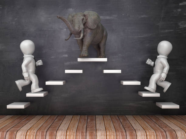 istock Business Characters on Steps with Elephant on Chalkboard - 3D Rendering 1219952694