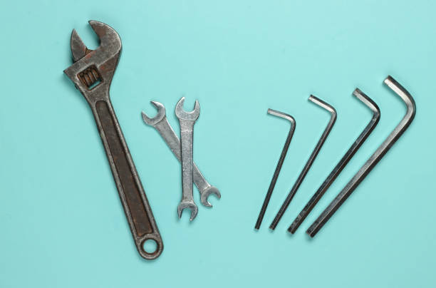 istock Set of wrench on blue background. Work tool. Top view 1219954380