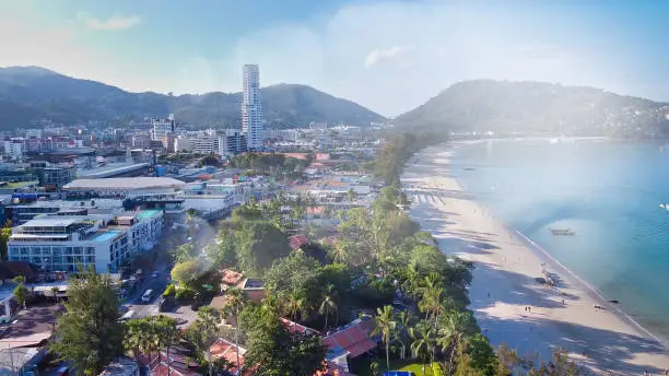 Amazing aerial view of Patong Beach and Phuket skyline, Thailand.