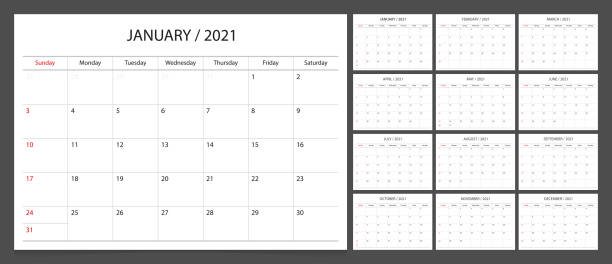 kalenderplaner 2021 design vorlage woche beginnen sonntag. - 2021 stock-grafiken, -clipart, -cartoons und -symbole
