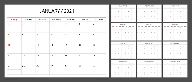 Calendar planner 2021 design template week start Sunday.