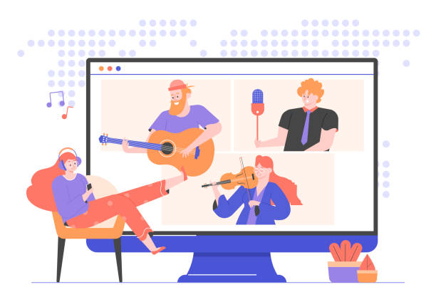 Online concert of famous musicians and singers. Girl in headphones listens to music at home, sitting in a chair. Artists on a monitor screen: guitarist, violinist, singer. Internet broadcast. Vector. Online concert of famous musicians and singers. Girl in headphones listens to music at home, sitting in a chair. Artists on a monitor screen: guitarist, violinist, singer. Internet broadcast. Vector. concert illustrations stock illustrations