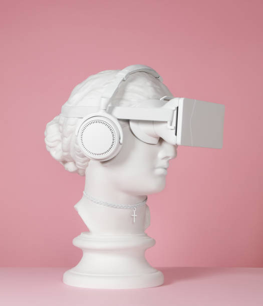 greek goddess wearing headphones and vr headset - classical greek audio imagens e fotografias de stock