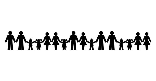 ilustraciones, imágenes clip art, dibujos animados e iconos de stock de pictogramas de personas cogidos de la mano, de pie en una fila - holding hands child silhouette family