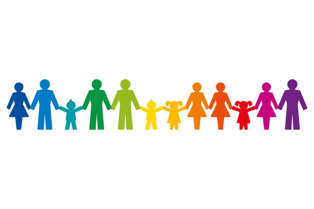 Rainbow colored pictograms of people holding hands, standing in a row Rainbow colored pictograms of people holding hands, standing in a row. Abstract symbols of connected people, expressing friendship, love and harmony. We are one world. Illustration over white. Vector. kids holding hands stock illustrations