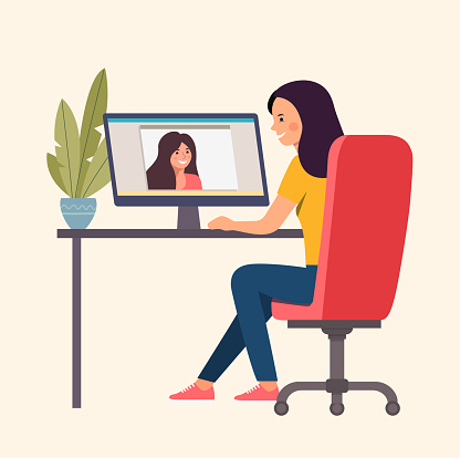 Two women talking by videochat. Vector flat style Illustration