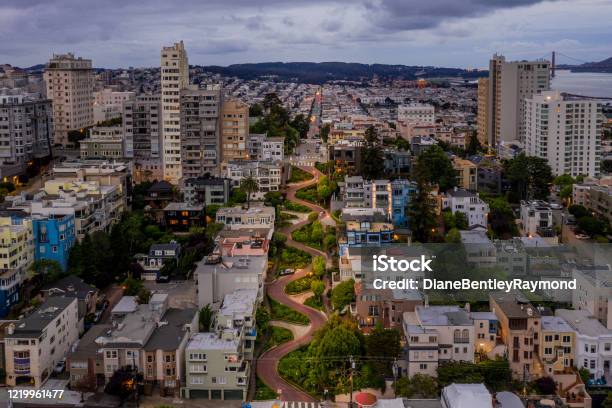 Aerial View Of Lombard Street At Sunrise Stock Photo - Download Image Now - Lombard Street - San Francisco, San Francisco - California, Aerial View