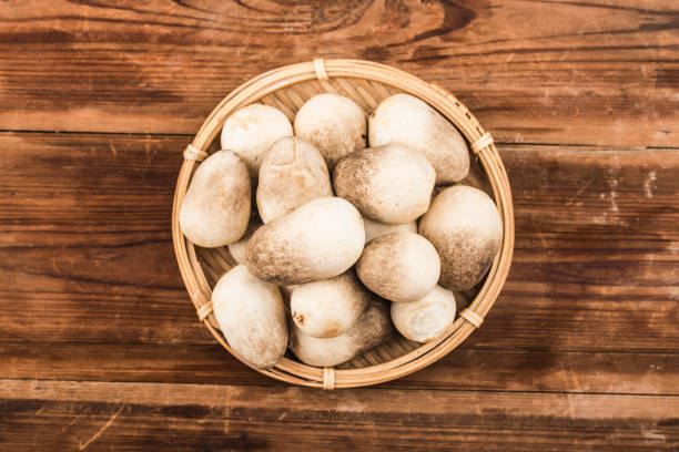 straw mushroom group on wooden background with straw mushroom group on wooden background with paddy straw mushroom stock pictures, royalty-free photos & images