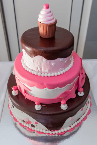 Pink and chocolate birthday cake with cupcake